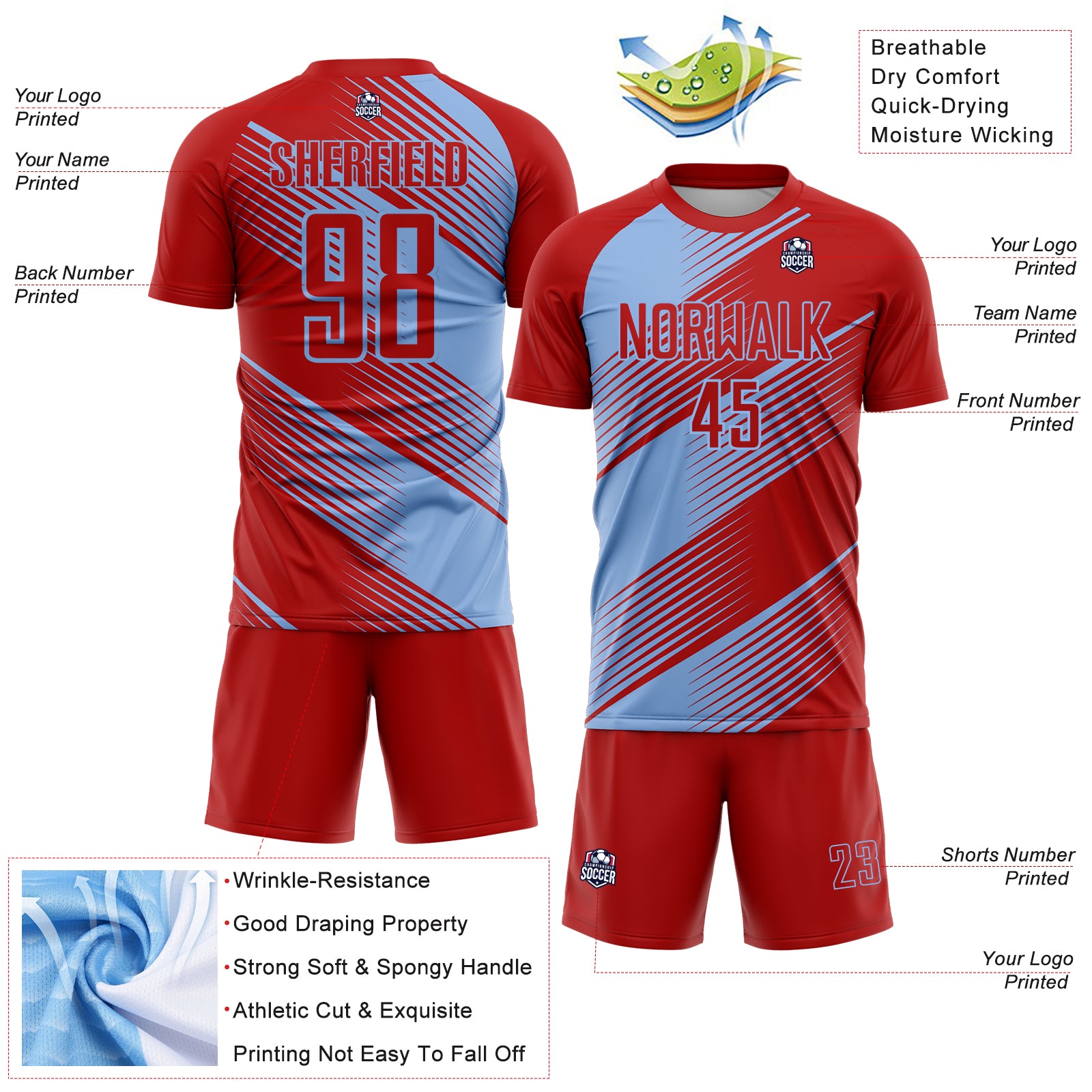 Custom Red Light Blue Line Sublimation Soccer Uniform Jersey - Image 2